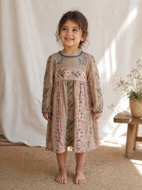 Apolina Girls Linen Embroidered Dress 3-5Y Floral Boho Heirloom Cottagecore Pink